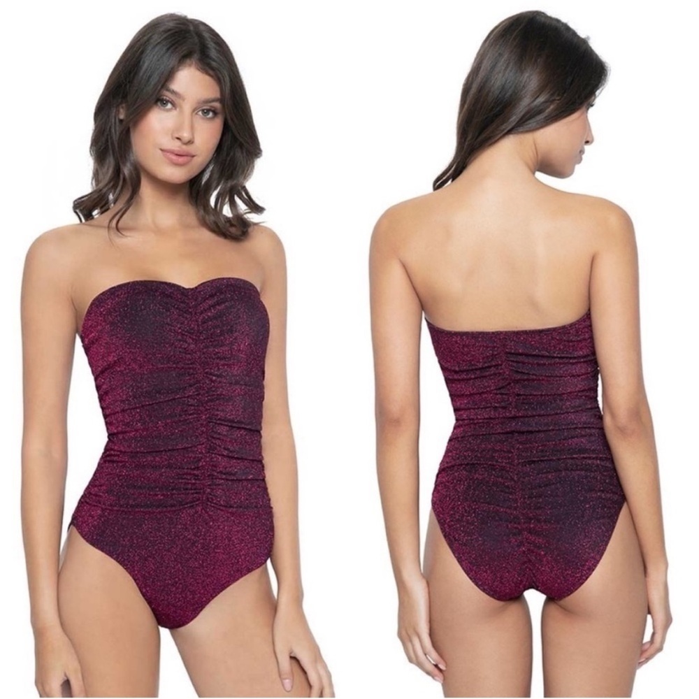 PQ Swim Ruched Metallic One Piece Swimsuit in Garnet SZ S NWT